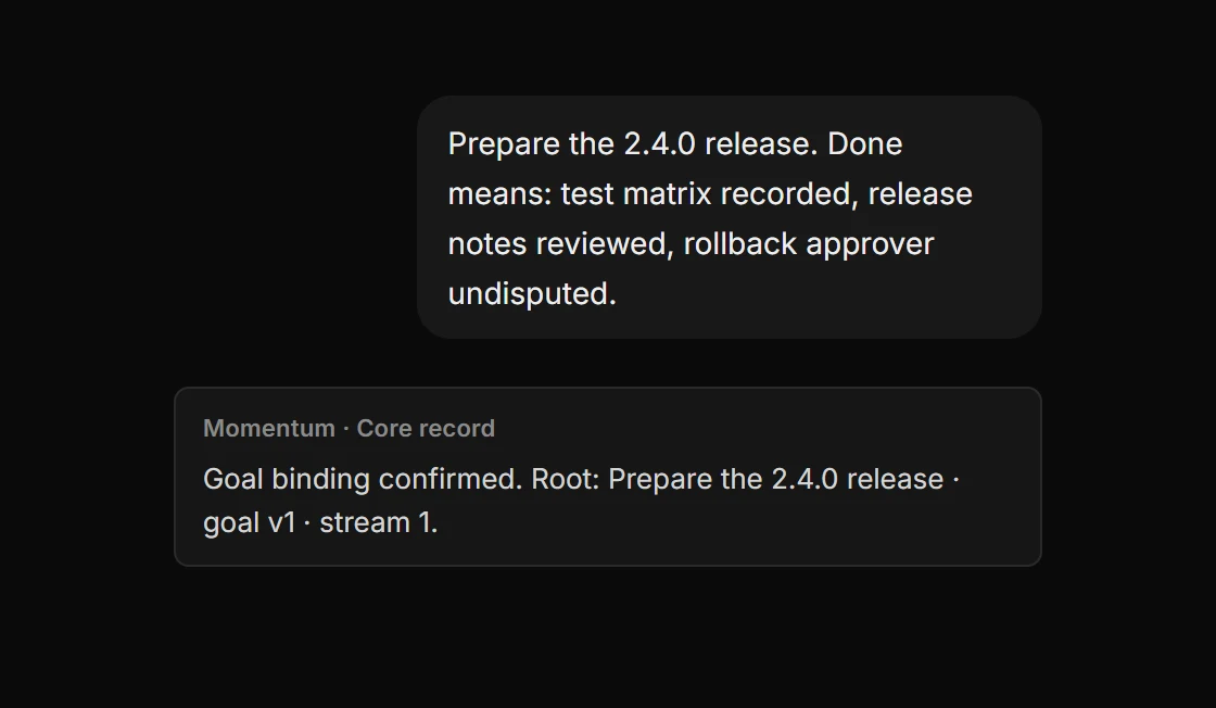 You describe what done means; Momentum records the goal binding — goal v1 · stream 1
