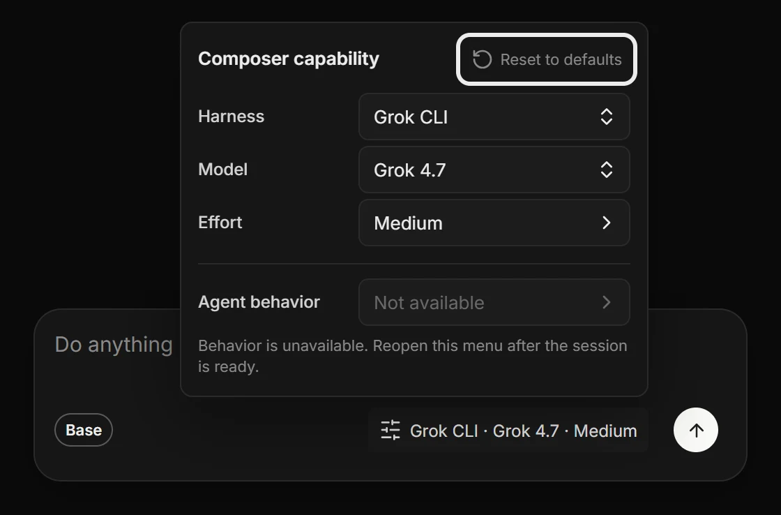 The composer capability menu with Grok CLI · Grok 4.7 selected